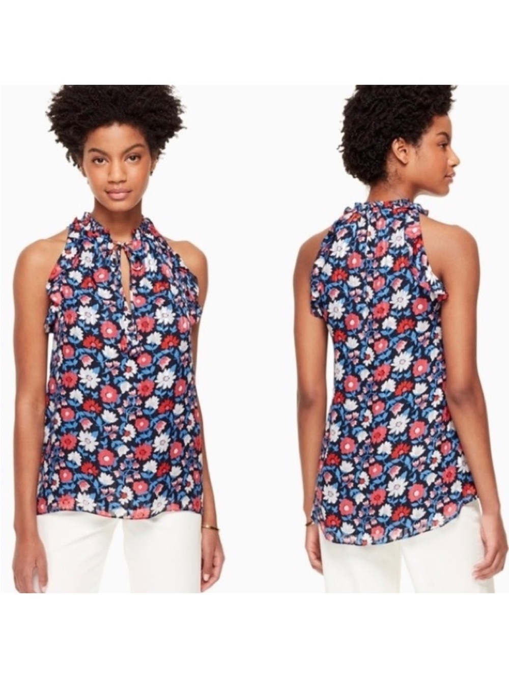 Kate Spade Silk 'Daisy Satin Stripe' Floral Print Ruffle Tie Sleeveless Top